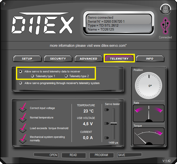 DITEX Manager: Setting telemetry